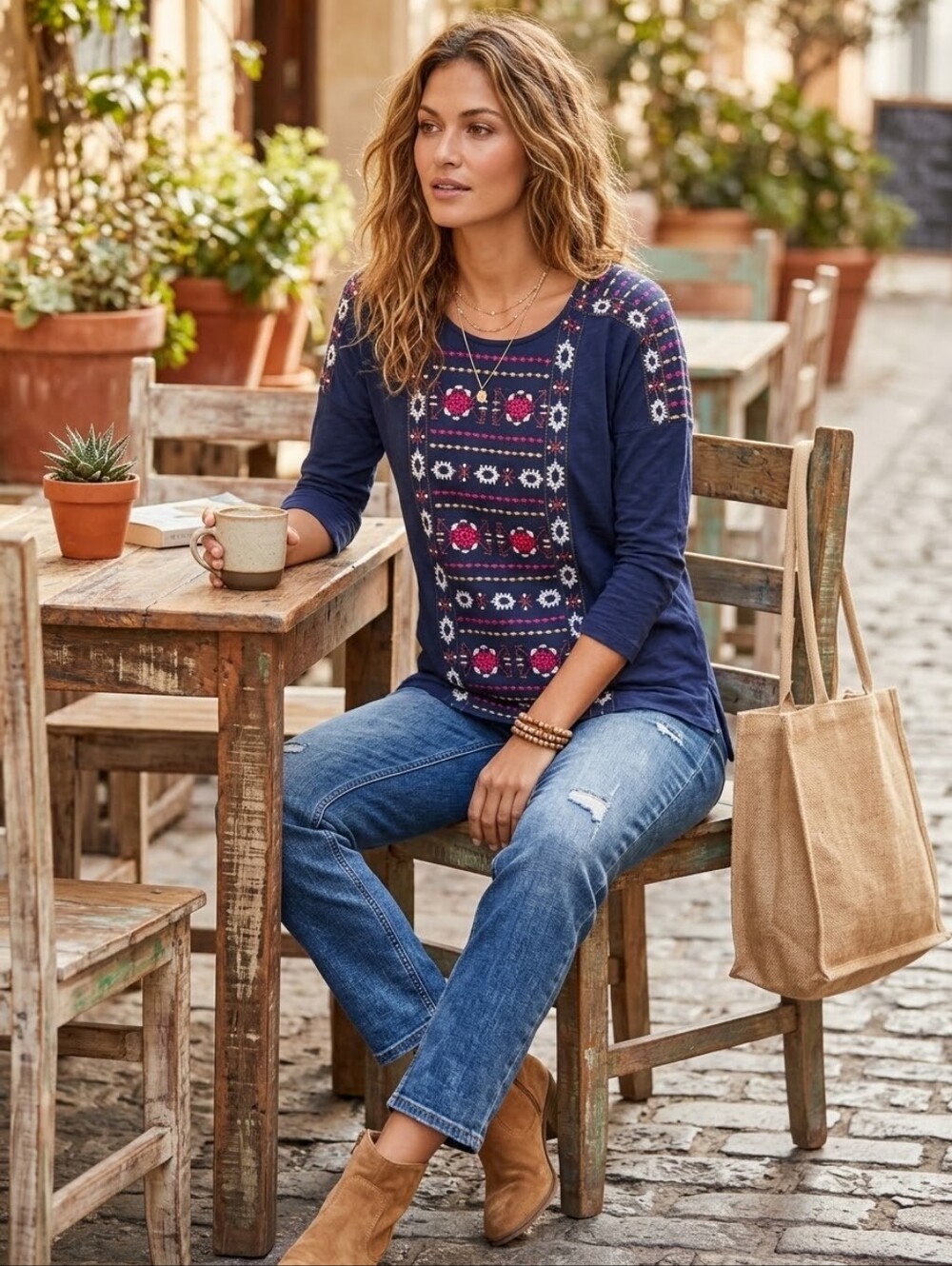 Lucky Brand 3/4 sleeve embroidered navy top, size medium